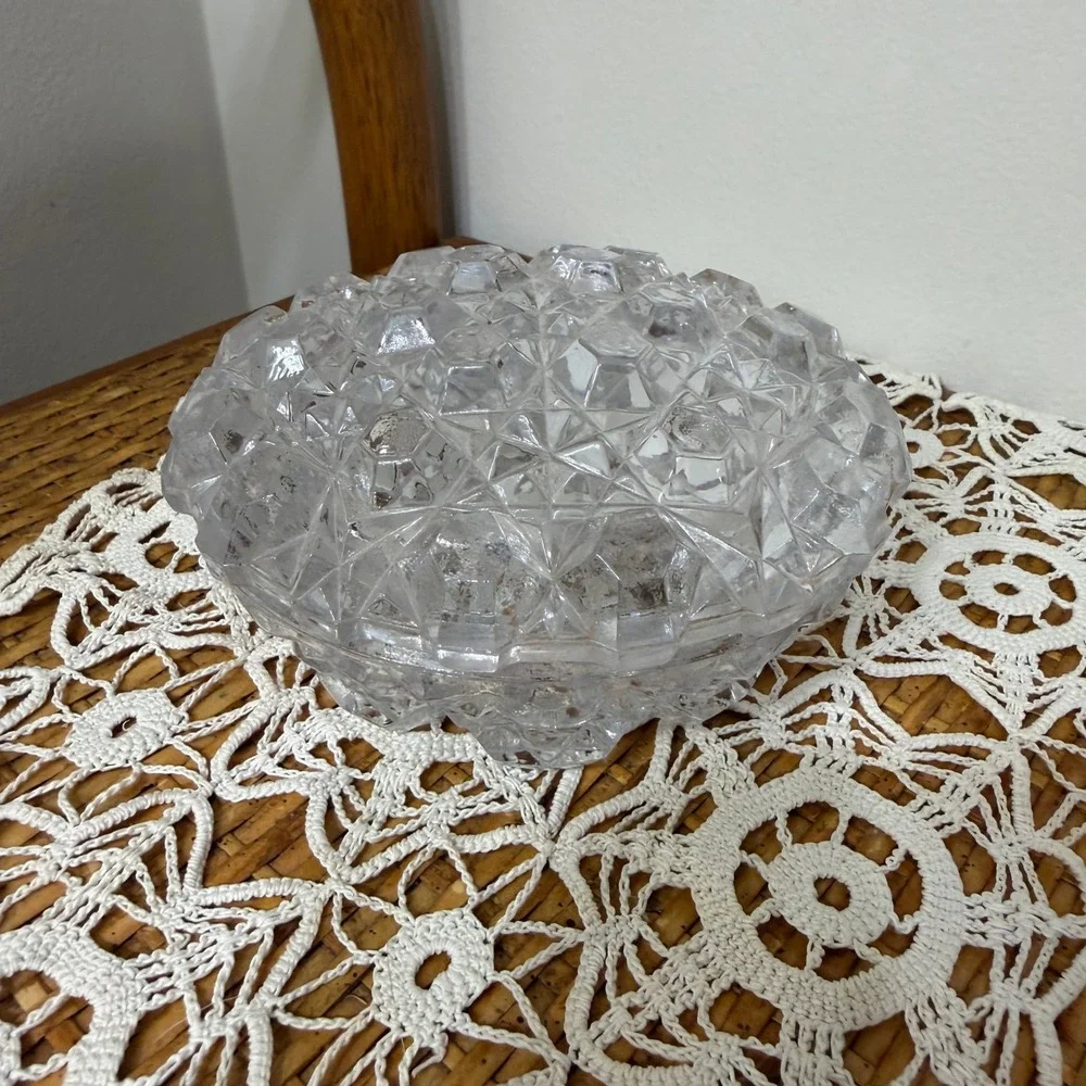 Vintage Glass Diamond Point Clear Covered Candy Dish Footed Oval 5in